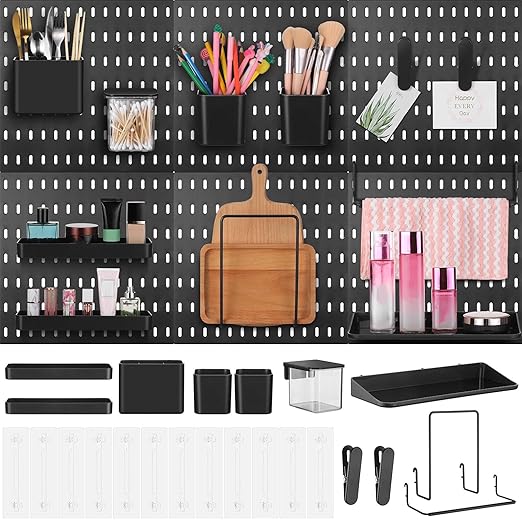 Unittype 17 Pcs Peg Board Combination Kit, 6 Plastic Wall Pegboard with 11 Accessories, 33" x 22" Desk Pegboard Organizer with Shelf Hook for Office, Kitchen, Gaming, Garage, Craft Room(Black)