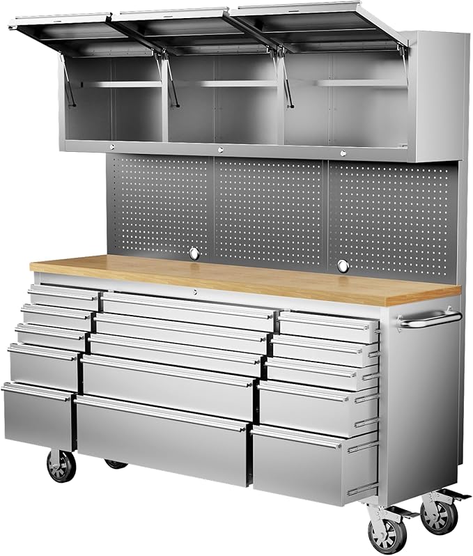 CHETTO C 72" Rolling Tool Box 15 Storage Drawers 3 Upper Cabinet Pegboard Large Tool Chest with Wheels for Warehouse Basement Home Pantry Garage Stainless Steel