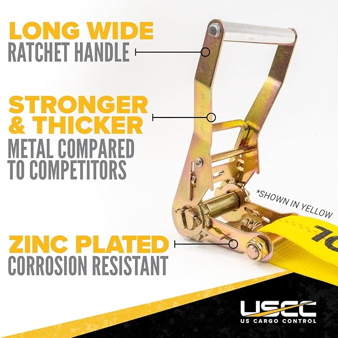 US Cargo Control Ratchet Straps with Snap Hooks, 2 Inch x 8 Foot (2-Pack), 6,000 LBS Break Strength, Car Tie Down Straps for Trailers, Yellow 2 Inch Ratchet Straps with Locking Hooks