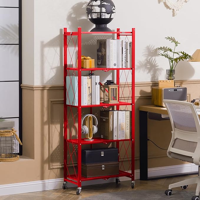 DEANIC 5-Shelf Folding Bookcase with Wheels, Heavy Duty Storage Shelves, Freestanding Metal Wire Shelving Unit for Living Room, Office, Kitchen, Basement, Pantry(Red)
