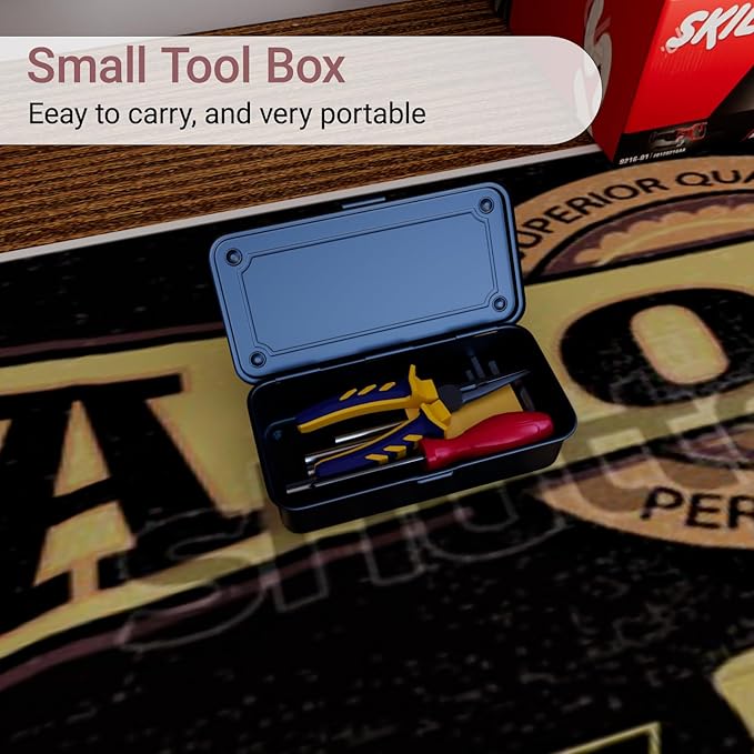 Small Metal Tool Box with Latch, Mini Steel Toolbox Storage Box, Portable Tin Box with Lid for Tools, Car, Workshop & Crafts 7.9" (Black)