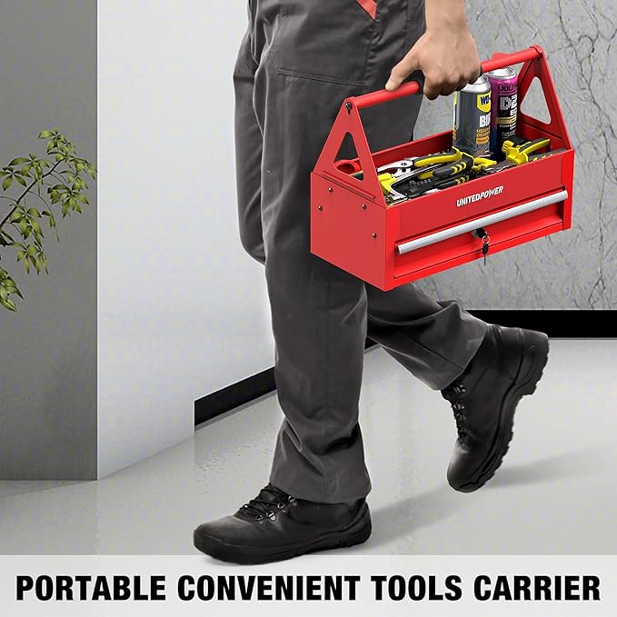 UNITEDPOWER Handy Tool Box With 1 Drawer，Portable Metal Tote Tray with comfortable grip handle, Tool Organization for Household, Warehouse, Repair Shop, Red