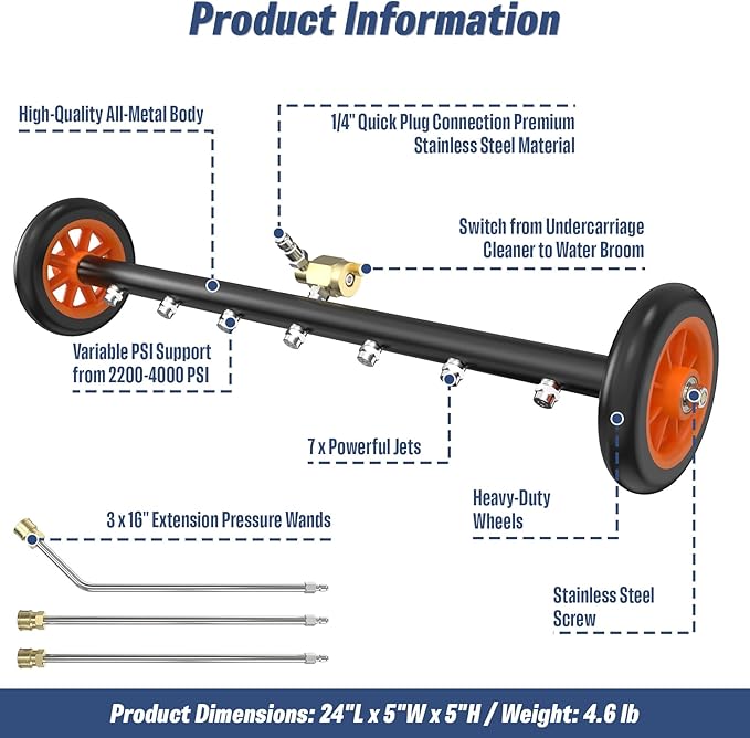 Undercarriage Pressure Washer Attachment, 24" Water Broom and Under Carriage Car Cleaner, Electric Power Wash Accessories with 3 Pieces Extension Wand, 1/4" Connector, 4000 PSI, Black