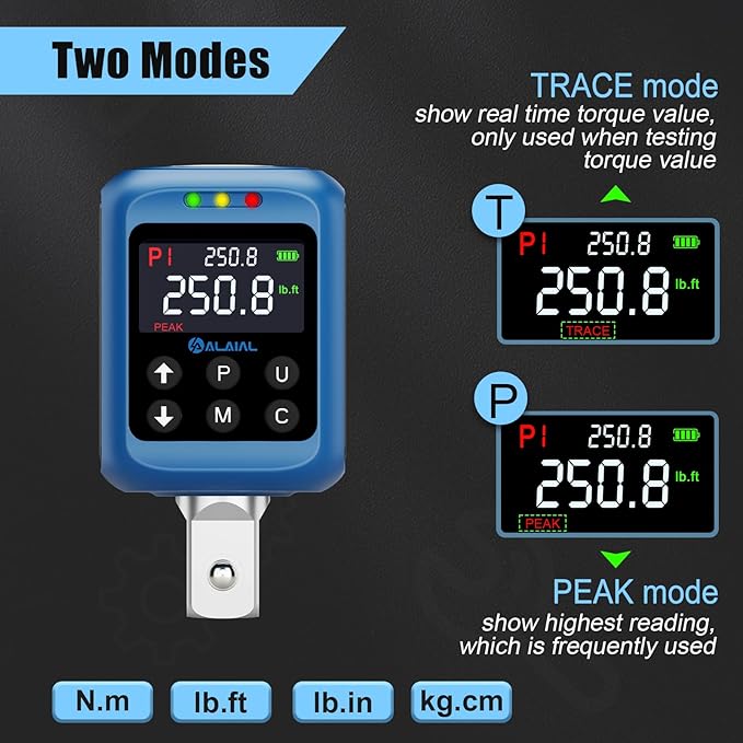 Digital Torque Adapter 1/2", 3.7-250.8 Ft-lb/5-340 Nm, Digital Torque Wrench Converter with ±2% Accuracy, Buzzer and LED Indicator, 2 Modes, 4 Units, 3/8'' & 1/4'' Adapters for Car, Moto