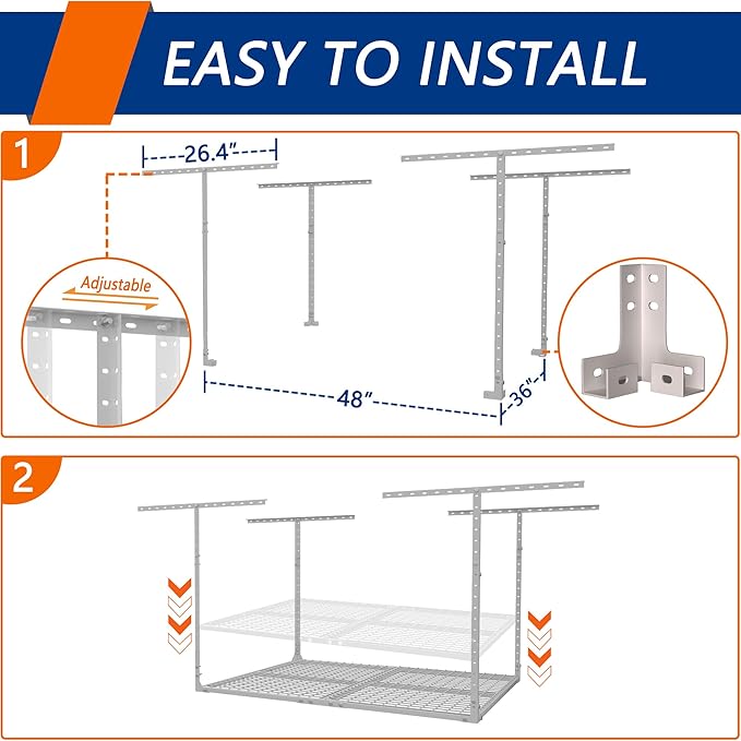 Soywey 3 x 4FT Overhead Garage Storage Rack,Adjustable Ceiling Storage Racks,Garage Shelving Heavy Duty Storage Organizer System,Load 400LBS Weight(White)