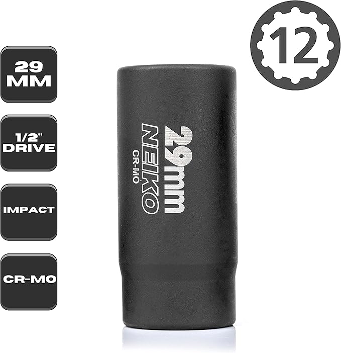 NEIKO 02521A 29mm Socket | 1/2” Drive Deep Impact Socket | Spindle & Axle Nut Socket | 12 Point |Chrome Molybdenum Cr-Mo |Deep Well Hub | Triple Square | Axle Shaft Nut Remover