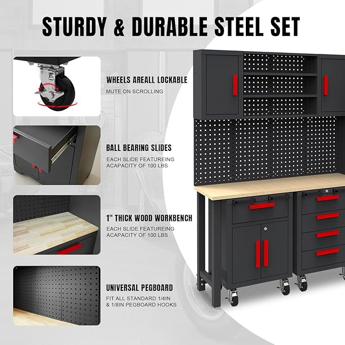 Torin Garage Storage Cabinets System, 6-Pcs Workshop Cabinet Set in Black, Included Steel Cabinets Drawers Rolling Chest and Pegboard,Locked Garage Storage Cabinet