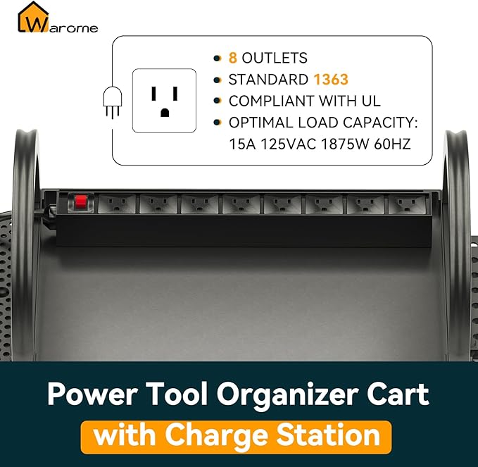 Warome Large Power Tool Organizer Cart with Charging Station, Rolling Utility Cart with 8-Outlet Movable Power Strip, Floor Standing Drill and Battery Holder,Tool Cart on Wheels for Garage Storage