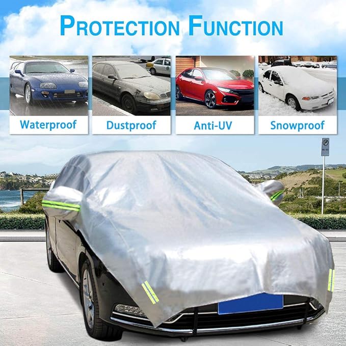 Half Car Cover All Weather Car Body Cover Sunshade Cover Snow Cover Waterproof Snowproof Universal 210D Oxford Fabric (Fit Hatchback Length 158'' to 173'')