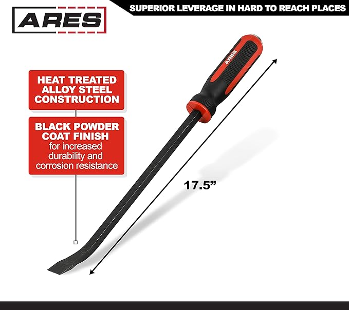 ARES 46007-17.5-Inch Pry Bar - Angled Tip for Lifting and Prying - Comfortable Non-Slip Double Injection Handle