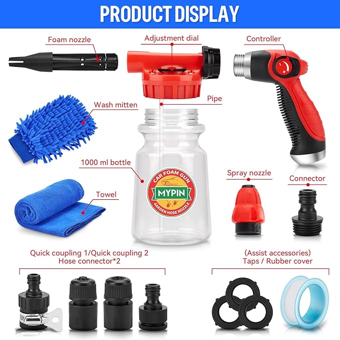 16 IN 1 Car Wash Foam Gun, Foam Cannon, Adjustable Hose Wash Sprayer with 2.5 to 6 Bars Foam Blaster, Suitable for Car Cleaning and Garden Use with 1/2” Quick Connector