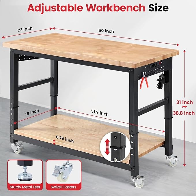 ENJOYWOOD 60" x 22" Rolling Workbench Adjustable Height Work Table with Wheels, Under Table Shelf, Pegboard & Power Outlets Heavy Duty Rubberwood Top for Garage, Office & Home