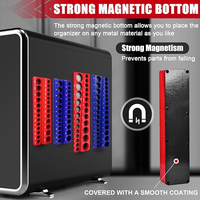 Magnetic Socket Organizer Holder 4-Piece (1/4 In, 3/8 In Drive Metric SAE) Magnet Socket Rail Trays Storage Set Holds 108 Sockets for Tool Box Drawer