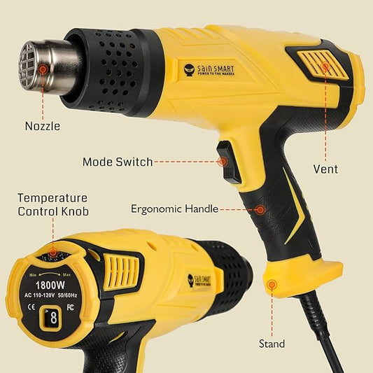 SainSmart Heat Gun, 1800W, Variable Temperature Control 120 °F-1202 °F, Fast Heat Hot Air Gun Soldering, with 4 Nozzles for Crafts, Epoxy Resin, Shrinking tubes, Stripping Paint, and Shrink Wrapping