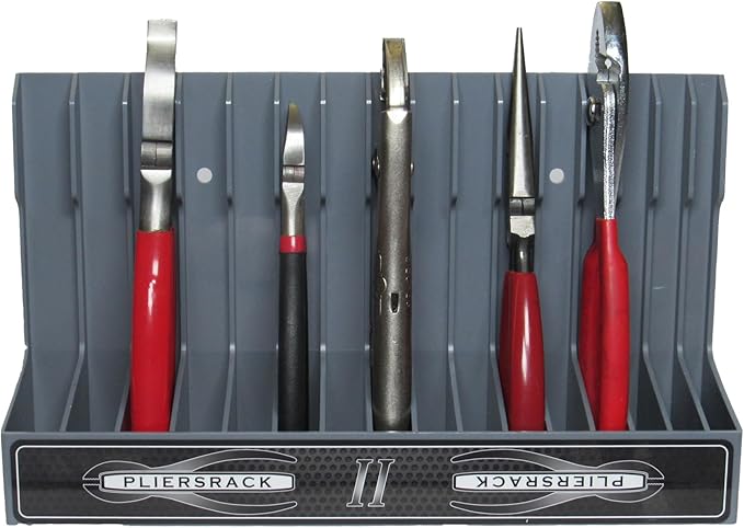 PLR16 Gray PliersRack for your Peg Board and Toolbox Drawer. Plier storage for Regular & smaller pliers. Keeps spring loaded pliers closed in your toolbox. Has a special tilt feature.