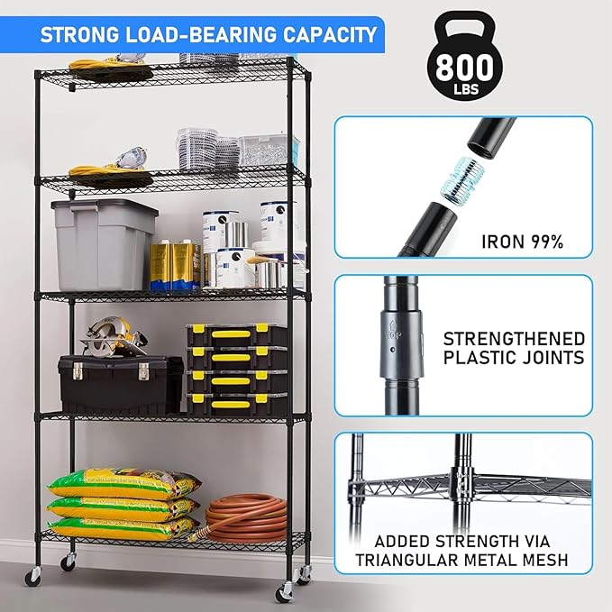 Simple Deluxe 5-Tier Storage Shelves, 21" W x 12" D x 54" H Adjustable Heavy Duty Wire Metal Shelving Unit, Black