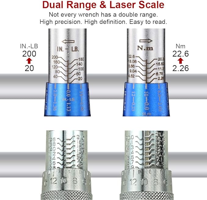 BULLTOOLS 1/4-inch Drive Click Torque Wrench Set Dual-Direction Adjustable 90-tooth Torque Wrench with Buckle (20-200in.lb / 2.26-22.6Nm)
