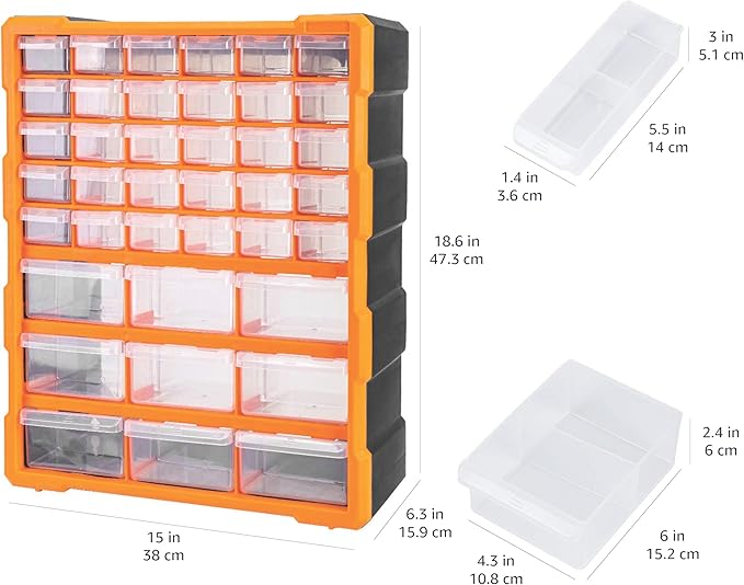 Amazon Basics Wall Mount Hardware and Craft Storage Cabinet Organizer with 39 Drawers, Plastic Garage Organization System with Dividers for Small Parts, Black, Orange, 15" x 6.3" x 18.6"
