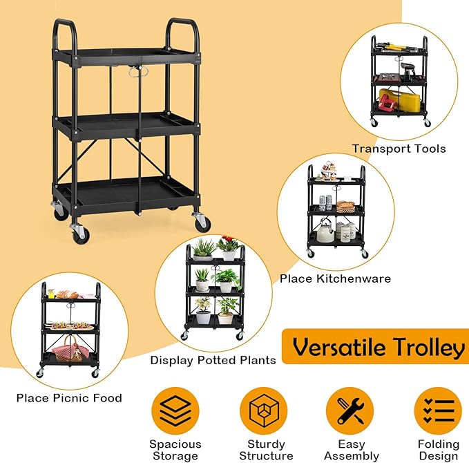 Nightcore Folding Utility Cart, 3-Tier Food Service Cart w/Lockable Wheels, 330LBS Capacity, Heavy-Duty Metal Frame Collapsible Utility Cart, Rolling Tool Cart for Home Garage