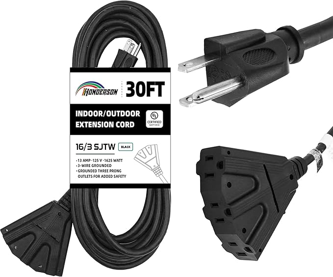 3-Outlets Indoor Outdoor Extension Cord Weatherproof, UL Certified, 16 Gauge 30FT Black 3 Prong Heavy Duty, 16/3 SJTW 13A Power Cord