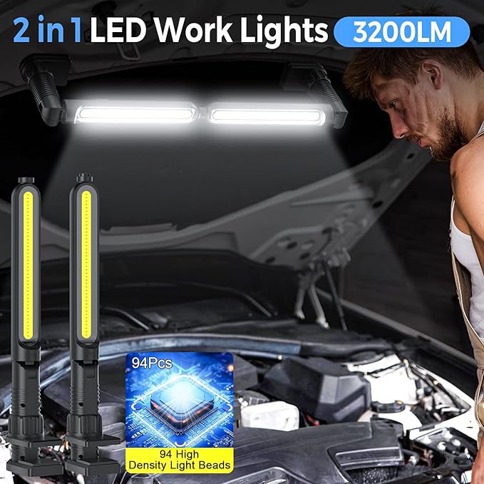 Work Light for Mechanic 3200LM LED 5000mAh Rechargeable Magnetic Light Bar with Hooks, Underhood Work Lights for Car Repairing, Inspection, Garage, Workshop, Emergency - 2-Pack