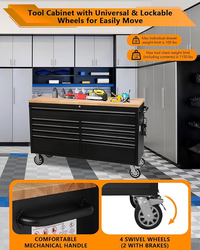 61-Inch Heavy-Duty Rolling Tool Chest & Mobile Workbench with 9 Drawers, Steel Storage Cabinet with Rubber Wood Top, Key Lock, Drawer Liners and Wheels for Garage, Workshop, Black