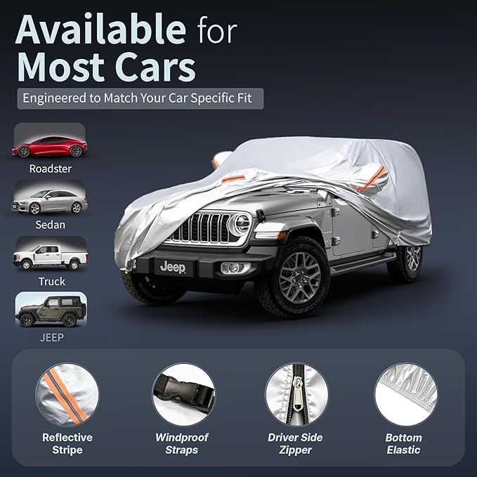 Car Cover Waterproof All-Weather,Heavy-Duty Outdoor Full Exterior Automobiles Snow Cover for Jeep Wrangler 2 Door CJ YJ JK JL(1987-2026),with Sun Visor,Towel&Storage Bag