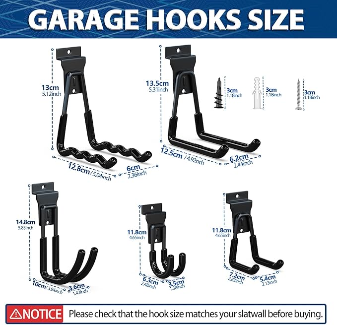 3-H Slatwall Hooks 10 Pack Heavy Duty Multi Sizes, Slatwall Accessories & Hangers Compatible with Proslat Handiwall Crownwall StoreWALL, Garage Slat Wall Hooks for Tools & Daily Items