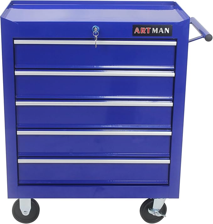 YOPTO Multifunctional Cart with 5 Ball-Bearing Drawers,Portable Rolling Tool Chest W/ 4 Wheels,Key Locking and Pull Handle,for Garage,Warehouse,Workshop,Repair Shop,Blue