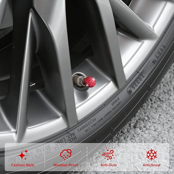 JUSTTOP 4 Pack Handmade Crystal Rhinestone Car Tire Valve Stem Caps, Universal Fit for Cars, Trucks, Motorbikes - Red