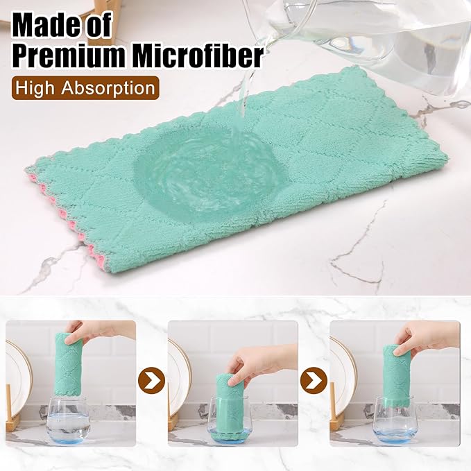 Mordimy 24 Pack Kitchen Cloths Dish Towels (10" x 10", Green & Pink), Super Soft and Absorbent Dish Cloths, Coral Velvet Microfiber Cleaning Cloth, Nonstick Oil Fast Dry Dishcloths
