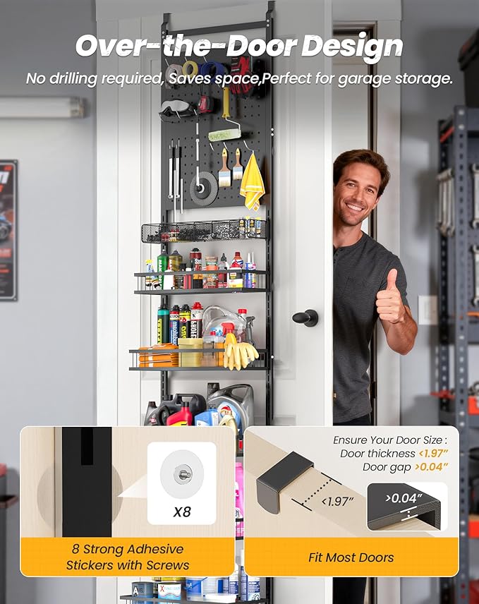 mustry Over The Door Garage Organizer, Behind The Door Storage with PegBoards and Baskets for Cleaning Supplies, Car Care, Spray Can, Metal Hanging Storage Rack for Garage Organization