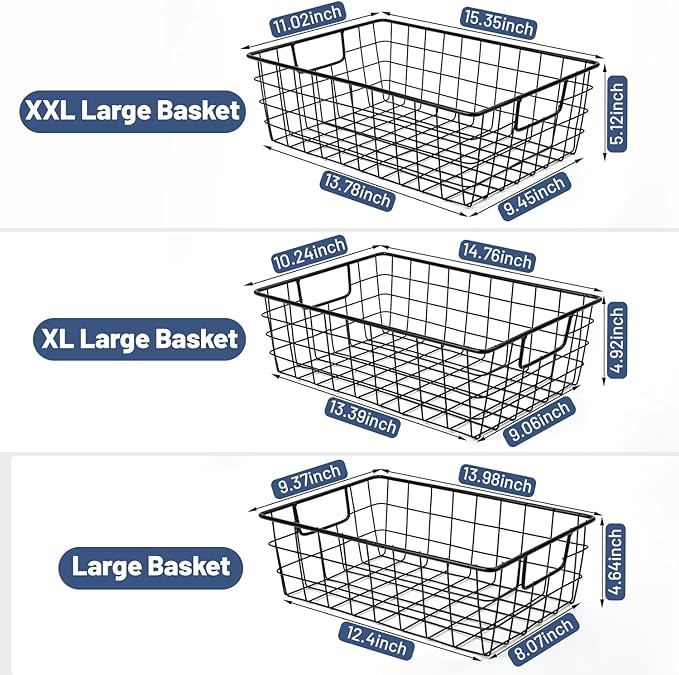 Wetheny 3 Pack Extra Large Wire Basket with Metal Handles, Metal Basket for organizers and storage, Wire Storage Baskets for Pantry, Cabinet, Fridge, Kitchen, Wardrobe, Garage, Bathroom, Black