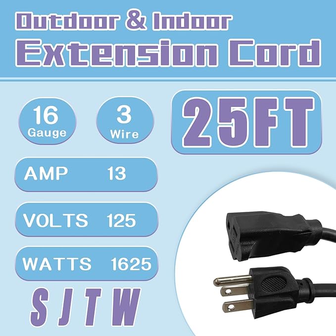 Indoor Outdoor Extension Cord 25 FT, 16/3 SJTW Weatherproof Black Electrical Cords, 13 AMP Heavy Duty 3 Prong Power Cable Great for Garden, Landscaping & Holiday Decorations