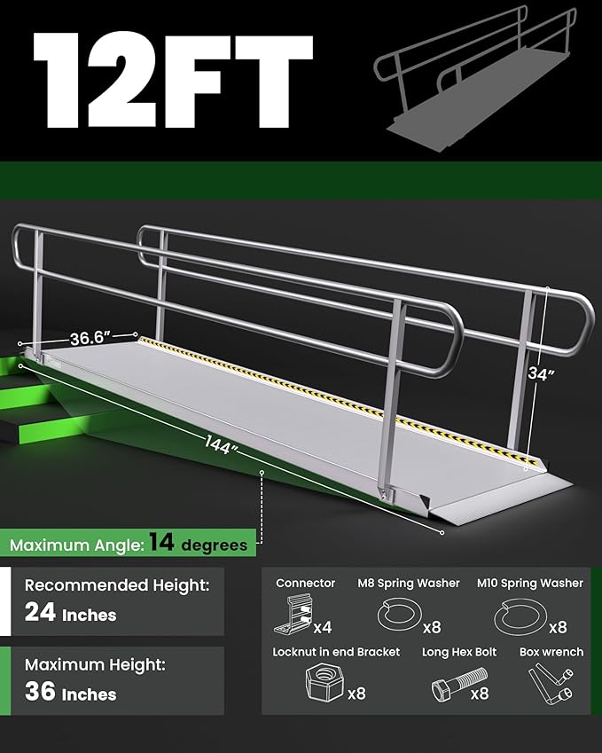 12FT Wheelchair Ramp with Handrails, 1300 lbs Capacity Heavy Duty Aluminum Ramps for Home Steps and Doorways, Fixed Threshold Solution for Wheelchairs Scooters Walkers, Easy Single-Person Use