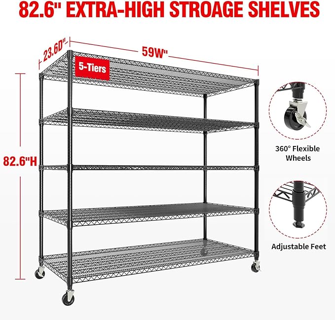 GarveeHome 82"H Storage Shelves with Wheels, 5-Tier Metal Shelving Unit Heavy Duty 3300LBS Load, Adjustable Garage Shelving Wire Rack Shelves, for Pantry Room,Kitchen, Warehouse, Basement,24"D x 59"W