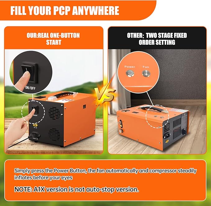 TOAUTO A1X PCP Air Compressor,4500Psi 30Mpa, Water/Oil-Free, One Button Start, Bursting disc, Powered by Car 12V DC or Home 110V AC (A1X)