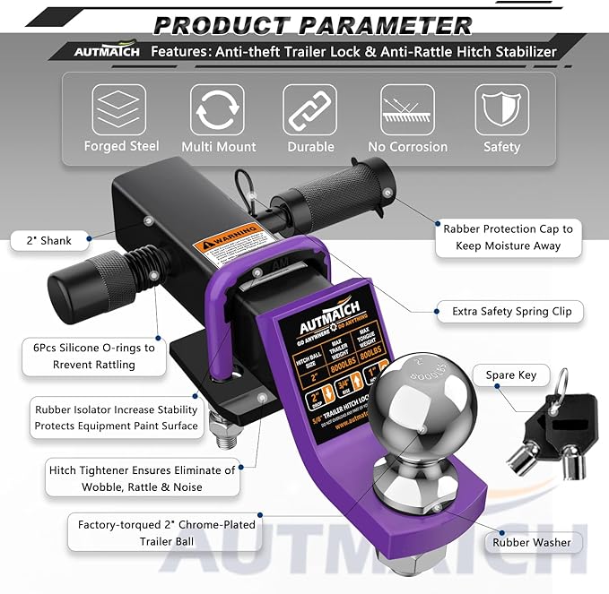 AUTMATCH Trailer Hitch Ball Mount with 2 Inch Hitch Ball - Fits 2" Receiver with Hitch Tightener, 8000Lbs Capacity Ball Hitch, 2-Inch Drop with 5/8" Hitch Lock Pin, Purple & Black