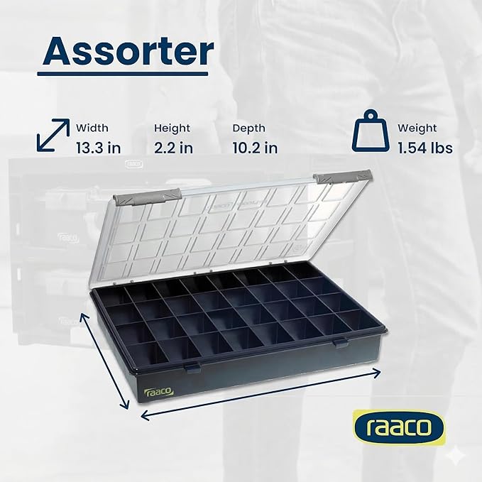 Raaco Assorter Tool Box Organizer – Full-Size – 32 Slots Fixed Grid with Semi-Transparent Lid, Polypropylene (PP) Storage Box for Screws, Nuts and Bolts, Small Parts & Hardware (Assorter 4-32)