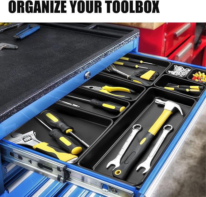60PCS Tool Box Organizer Tray Divider, More Large Sizes-5 Sizes Desk Drawer Organizers Garage Tool Organizer and Storage, Black Plastic Tray Organizer Bins for Home Office Supplies and Tools