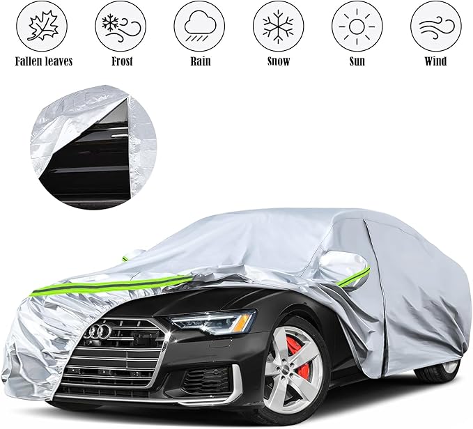 Waterproof Car Covers Replace for 2004-2025 Audi A6/S6, 6 Layers Silver All Weather Custom-fit Car Cover with Zipper Door & Windproof Bands for Snow Rain Dust Hail Protection