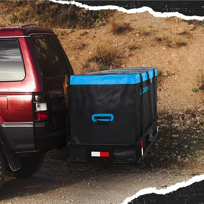 Mockins 25 Cu Ft Large Trailer Hitch Cargo Carrier Bag | 60"x24"x31" Waterproof Cargo Bag for Hitch Carrier & Truck Bed | Weatherproof Vinyl Vehicle Soft-Shell Carriers Set w/Straps, Lock & Carry Case