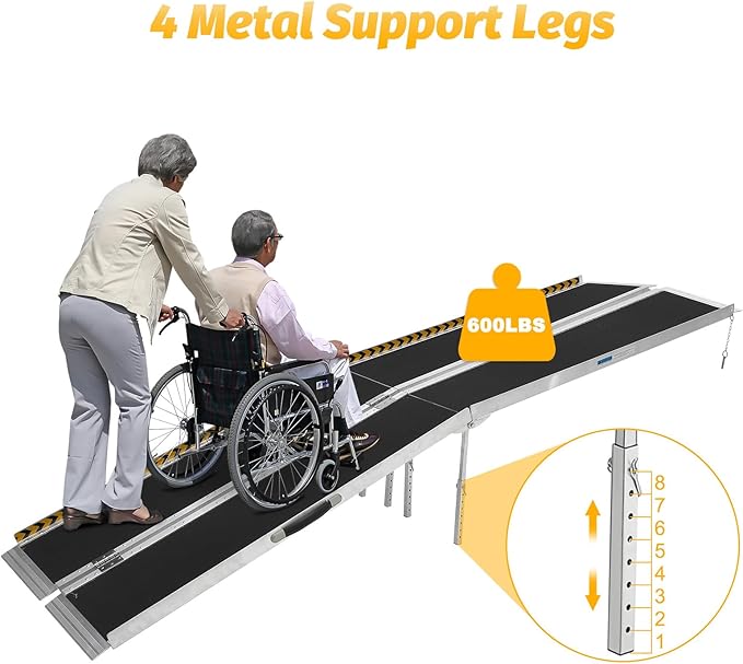 10 FT Portable Wheelchair Ramp for Home Step, Aluminum Handicap Ramp with Support Legs,Non-Skid Surface and Reflective Strips,Weight Capacity 600 LBS