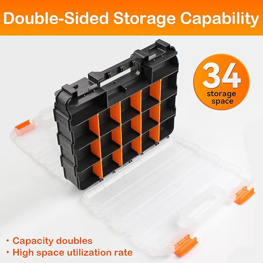 Plastic Tool Box,Double Side Tool Organizer Small Parts Tool Box Hardware Organizer with Removable Plastic Dividers for Bead/Screws/Nuts/Nails/Bolts/Bins/Crafts