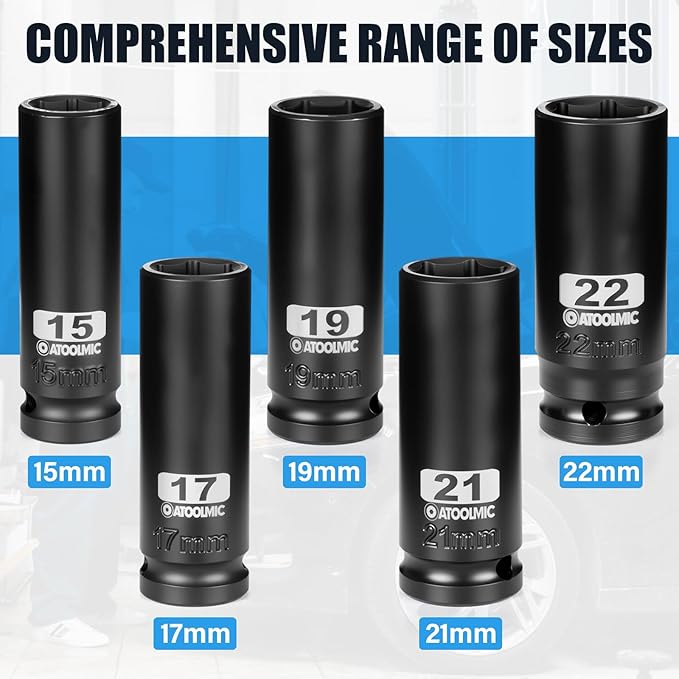 5 PCS Metric Impact Socket Set 1/2" Square Drive,Deep 15mm, 17mm,19mm,21mm,22mm Allen Sockets,CR-MO Alloy Steel,6 Point Radius Corner Design,Rugged Construction,With Storage Red Case