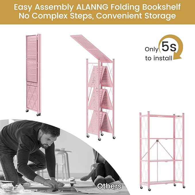 ALANNG Heavy Duty 4-Tier Folding Shelf with Wheels, No Tools Assembly Metal Storage Rack Cart, 264LBS Capacity for Kitchen, Pantry, Laundry Room, Garage, (Pink, 2PACK)