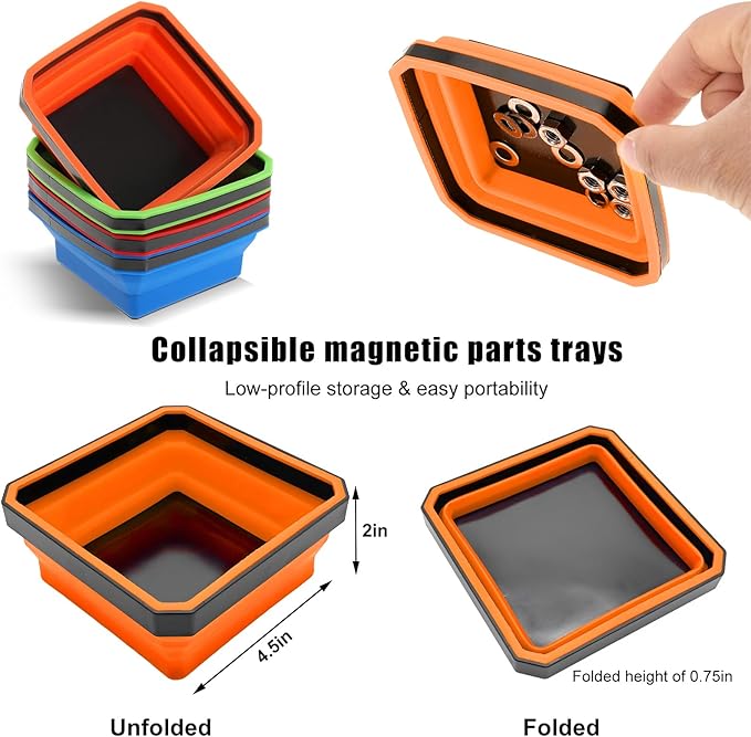 Collapsible Magnetic Parts Tray, 4.5 Inch Foldable Magnetic Square Silicone Tray, Tool Tray Set with Double-Sided Magnetic Base for Screw Bolts Nuts Pins, Car Accessories (Orange)