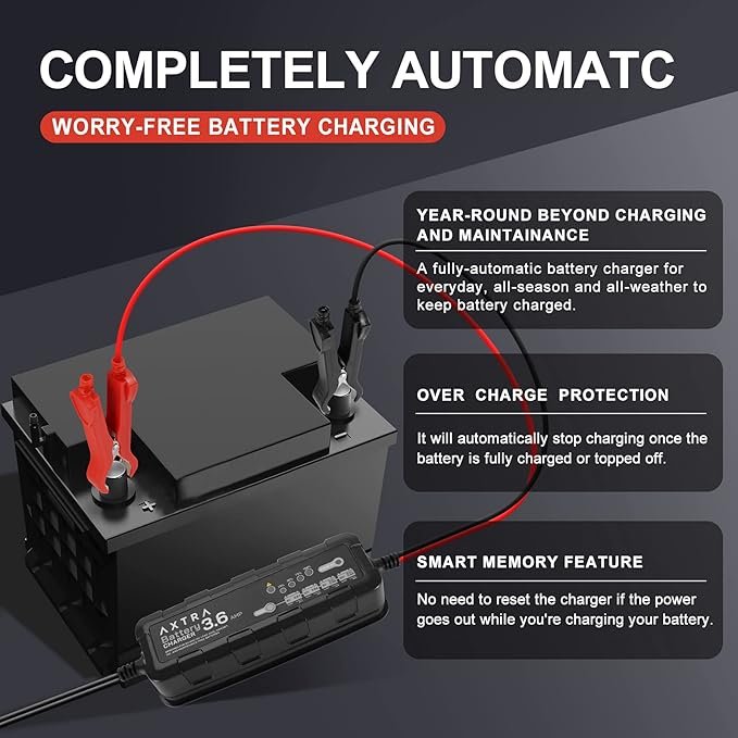 AXTRA 6V and 12V Car Battery Charger, 3.6-Amp Fully-Automatic Smart Battery Maintainer for Car, SUV, Truck, Motorcycle, Boat, RV, Lawn Tractors, ATV - (Lead Acid, AGM, Sealed, Gel, SLA, Flooded)