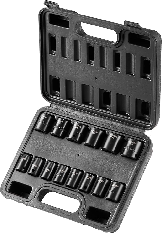 VEVOR 3/8" Drive Impact Socket Set, 14 Piece Shallow Socket Set Metric 7-20mm, 6 Point Cr-Mo Alloy Steel for Auto Repair, Easy-to-Read Size Markings, Rugged Construction, Includes Storage Case