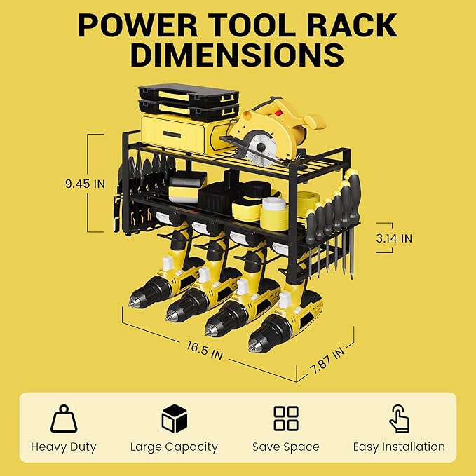 Power Tool Organizer Wall Mount, 3-Tier Heavy Duty Metal Rack Loads 180lbs with 4 Drill Holders and Side Hooks, Tool Battery Utility Rack Suitable Garage﻿